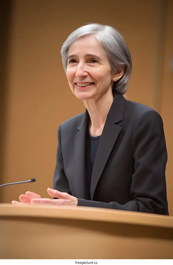 Woman in Black Suit Smiling at a Lectern
