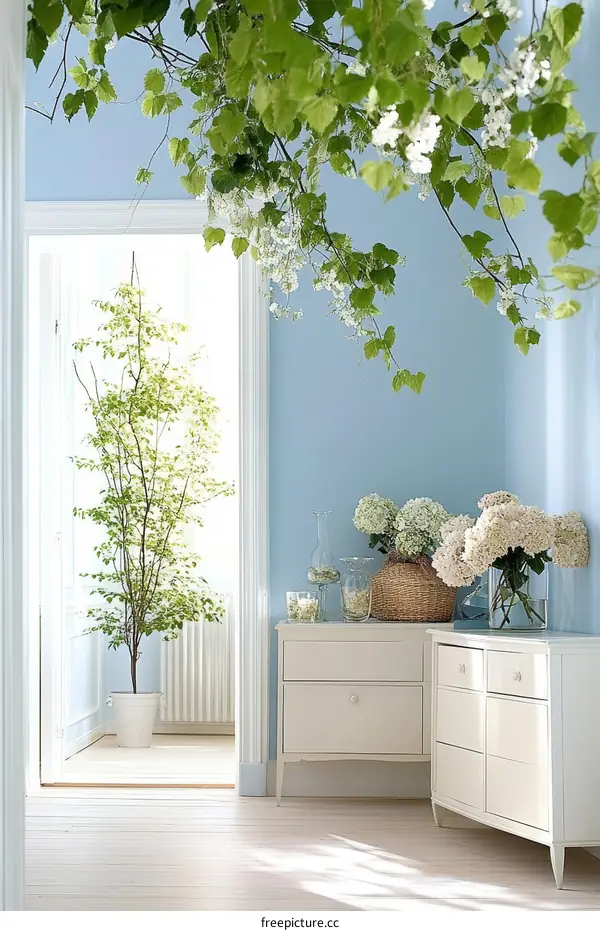 Light Blue Room with White Furniture and Hanging Plants