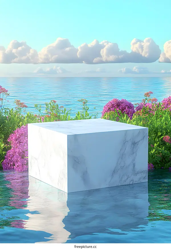 White Marble Platform in Water with Pink Flowers and Clouds