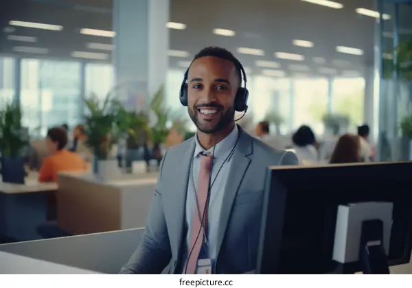 Black call center employee wearing a headset and smiling at the camera