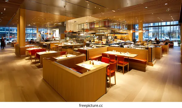 Modern Restaurant Interior Design with Wooden Tables