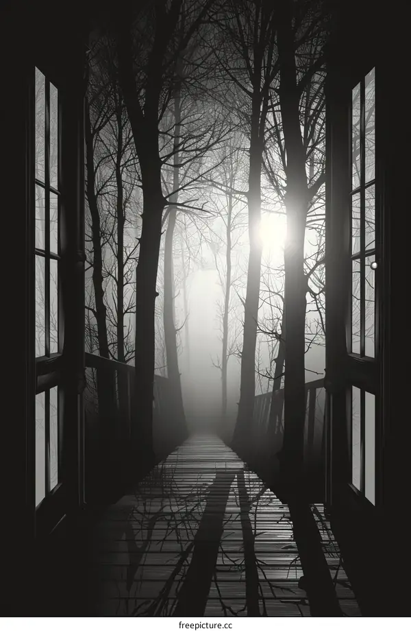 Black and white forest path with a bright light at the end