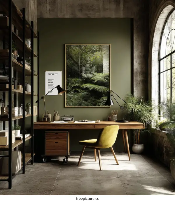 Modern Home Office Workspace with Green Forest Art