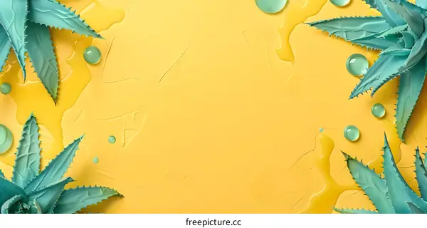 Yellow Background with Green Plant Leaves and Liquid