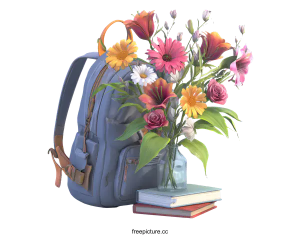 [Transparent Background PNG]Backpack with Colorful Flowers and Books