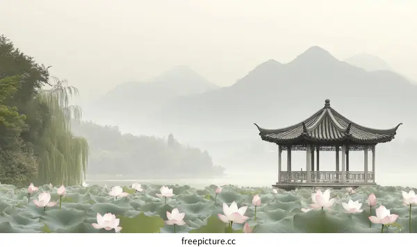 Misty Chinese Landscape with Pavilion and Lotus Flowers