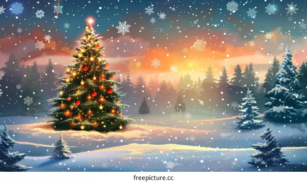 Christmas tree shining in the snow