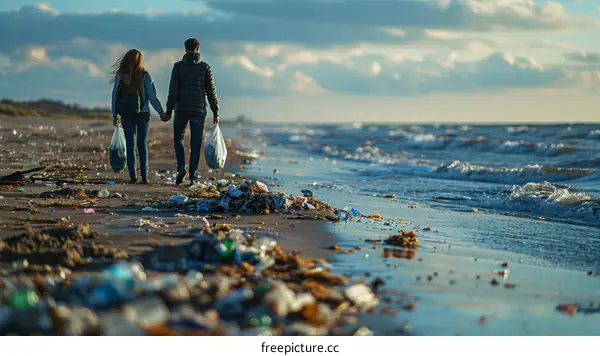 A couple is cleaning up a beach that is full of plastic and other trash.