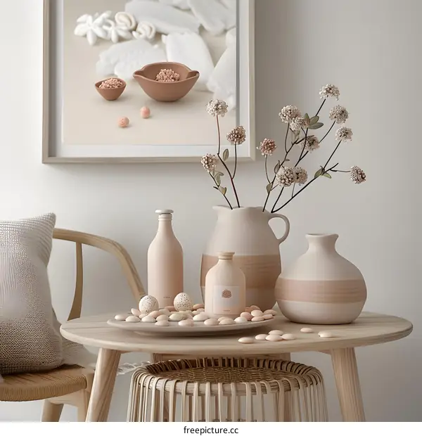 Wooden Table with Ceramic Vases and Decor