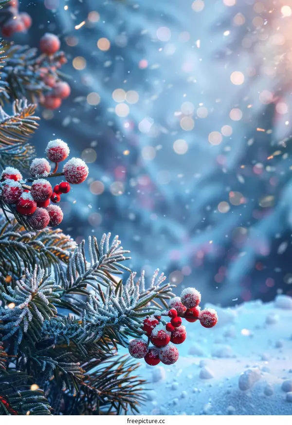 Frosted Branches with Red Berries in Snowy Forest