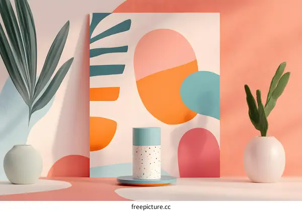 Abstract Colorful Shapes with Blue Cylinder and Plant