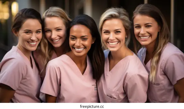 A group of five diverse female doctors or nurses in pink scrubs