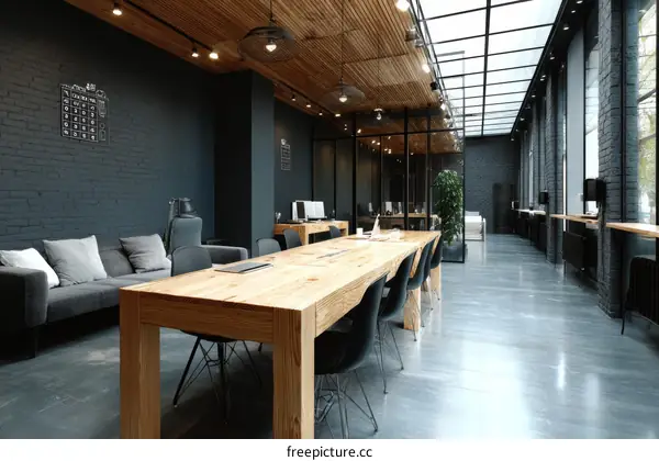 Modern Open Plan Office Space with Wooden Tables