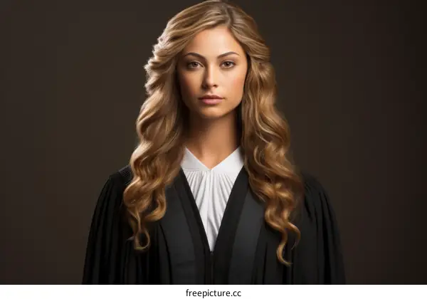 portrait of a young female judge with long blond hair wearing a black robe