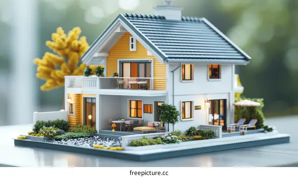 3D rendering of a beautiful two-story house with a garden