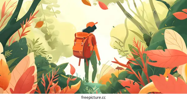 Woman with Backpack Standing in Forest