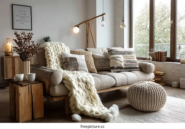 Cozy Living Room with Knitted Throw and Cushions