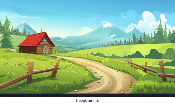 Mountain Landscape with Wooden Cabin and Winding Path
