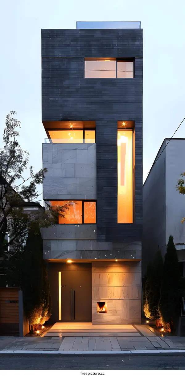 Modern House with Stone Facade and Large Windows