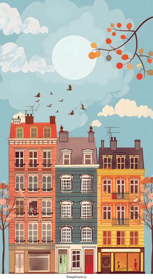Three Colorful European Buildings in Row with Sky and Birds