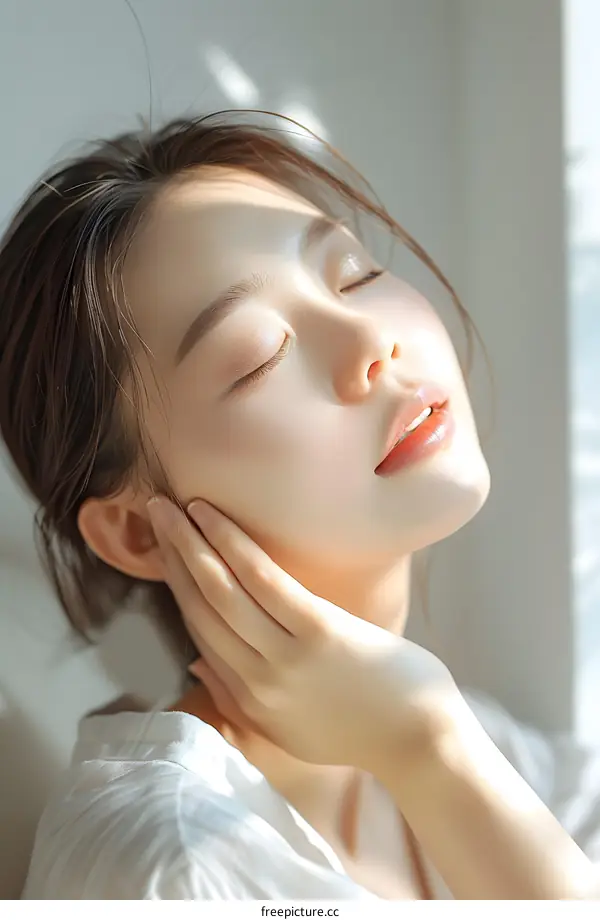 Beautiful Asian Woman with Closed Eyes Relaxing in Sunlight