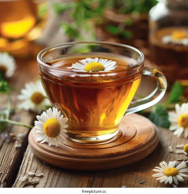 Chamomile Tea with Fresh Chamomile Flowers and Wooden Table