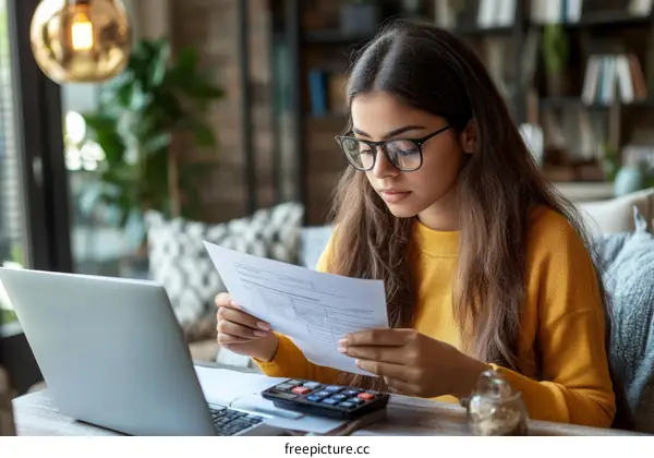 Young Woman Reviewing Documents at Cafe