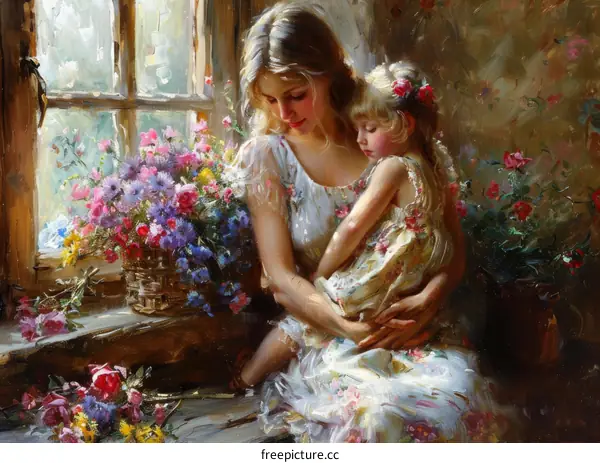 Mother and Daughter by the Window with Flowers