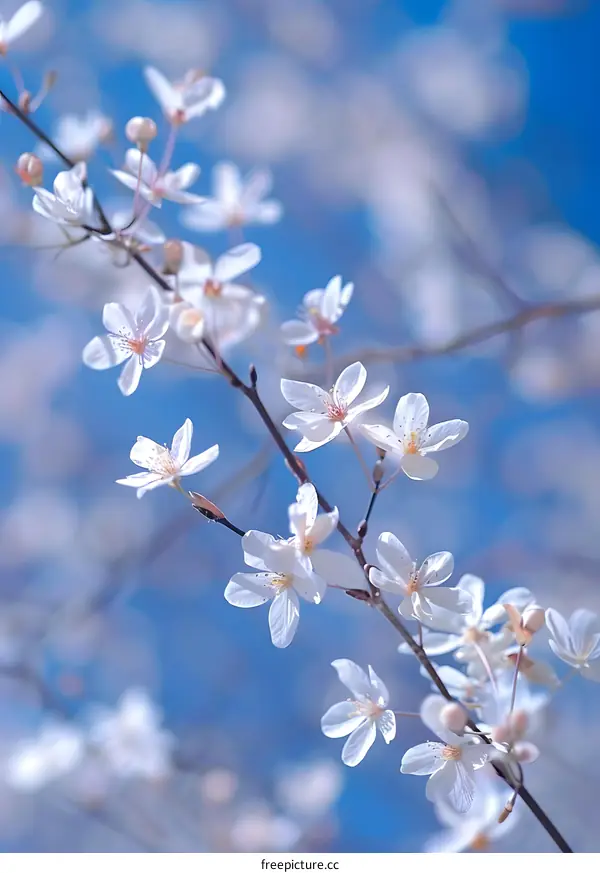 White Flowers Blooming on a Branch Against a Blue Sky