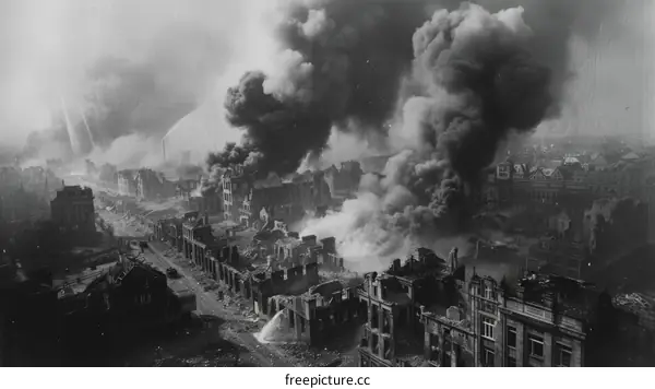 The ruins of the German city of Cologne after a bombing raid by the Allies in World War II.