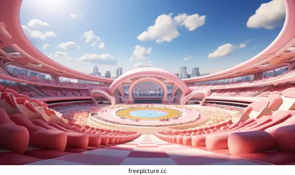 Pink futuristic stadium with a city in the background