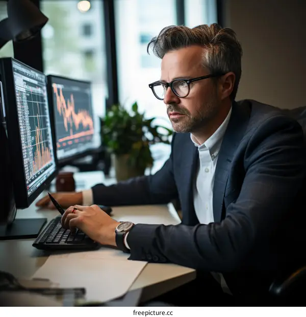 A businessman wearing glasses is looking at a computer screen with graphs and data.