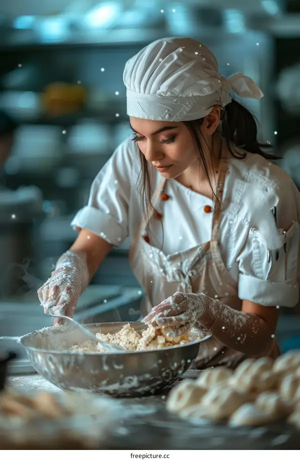 Focused young female baker kneading dough in bowl