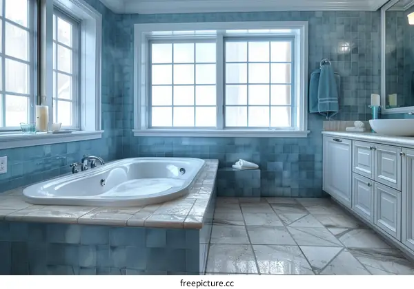 Elegant Blue Tiled Bathroom with Bathtub