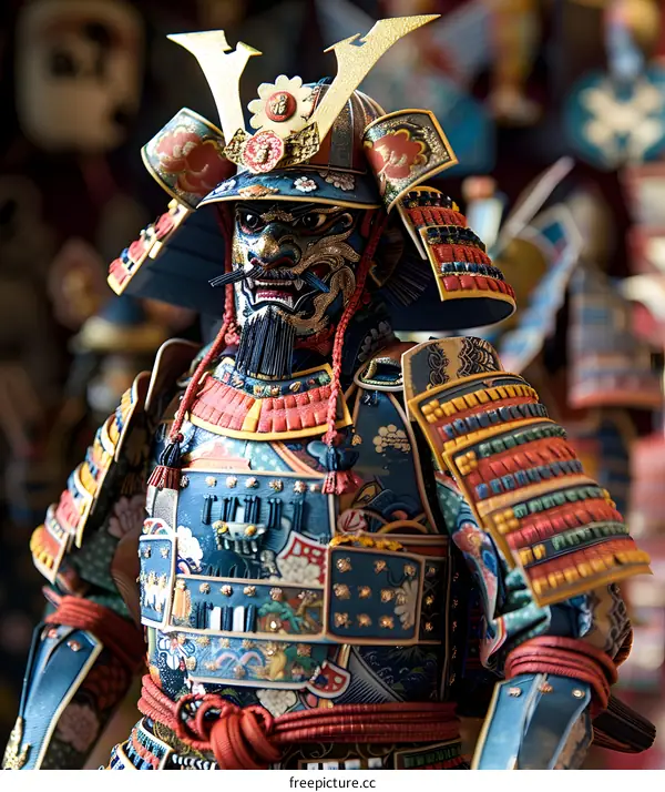 A samurai warrior in full armor with a fierce expression on his face