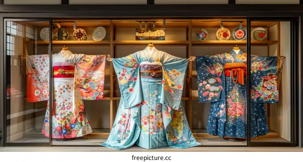 Four colorful kimono with floral patterns on display in a glass case