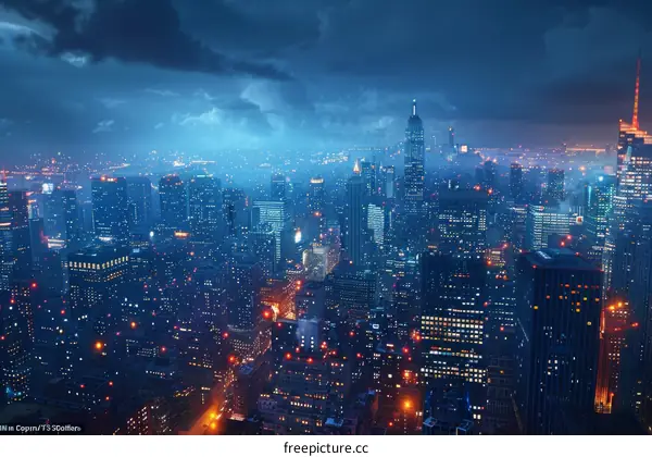 Night City Skyline Aerial View