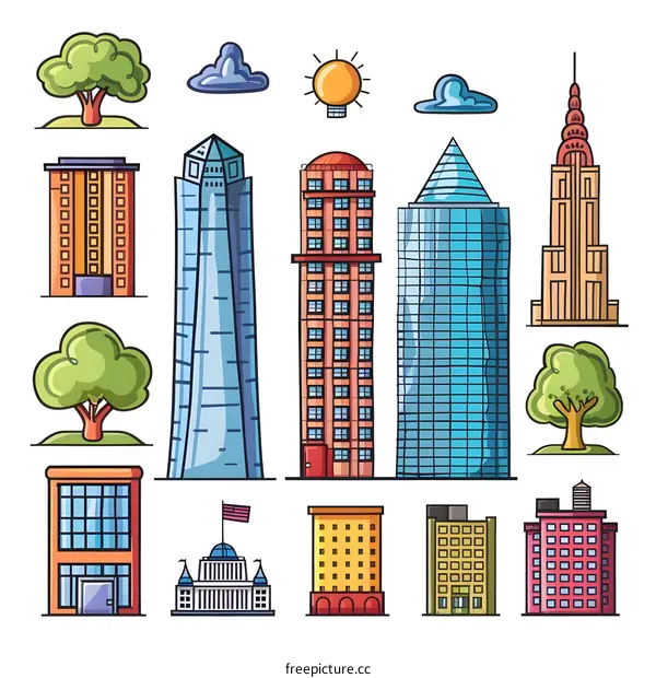 Cartoon Illustration of City Buildings with Trees and Sun