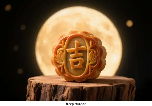 Mooncake with Chinese character 'Ji' in front of full moon