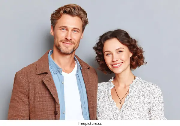 Couple Portrait Against Gray Background