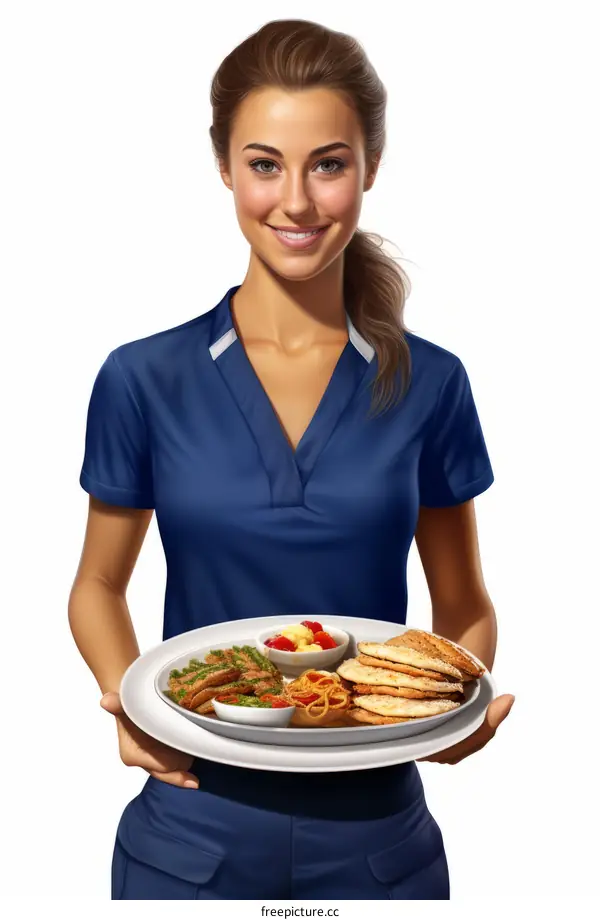 Cheerful waitress holding plate with delicious food