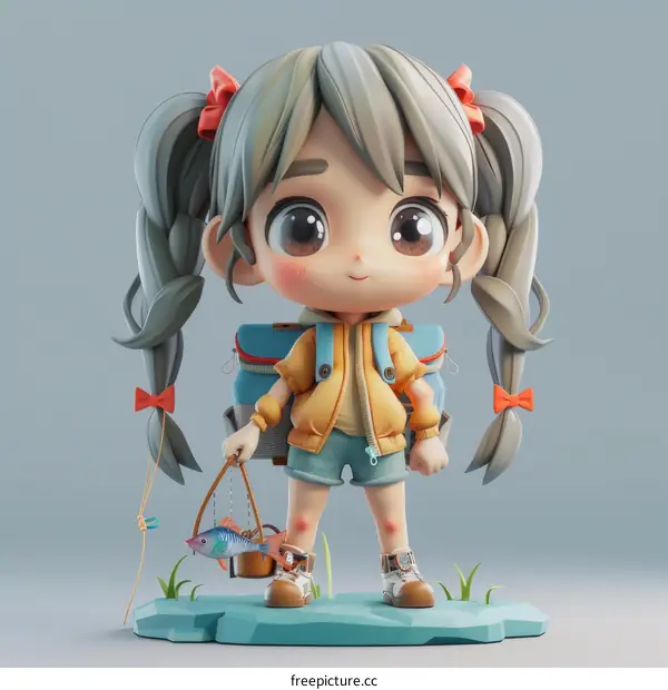 A cute chibi girl with fishing rod and bucket