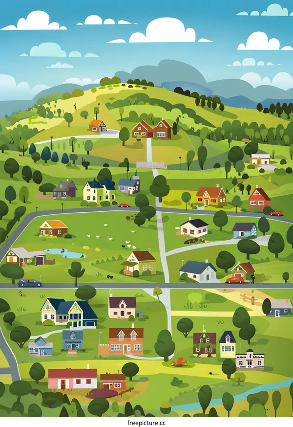 Cartoon Illustration of a Suburban Neighborhood with Houses, Trees, and Roads