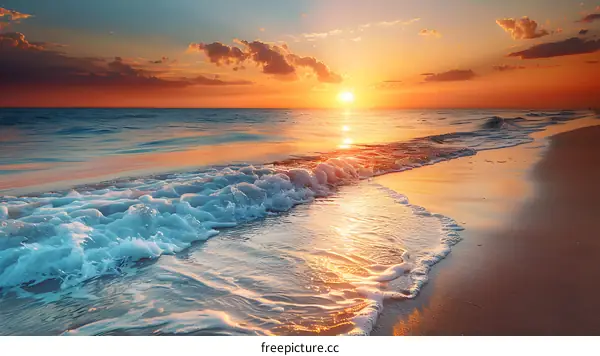 The setting sun casts a golden glow on the beach