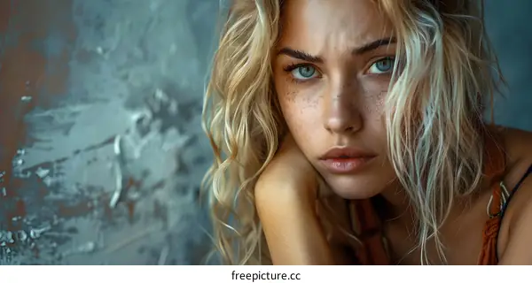 Portrait of a young blonde woman with freckles and blue eyes