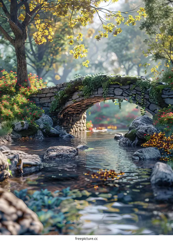 Stone bridge overlooking tranquil forest river