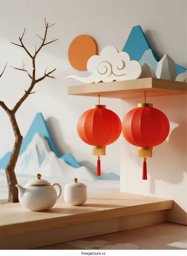 Red Lanterns Decoration with Cloud and Mountain Background