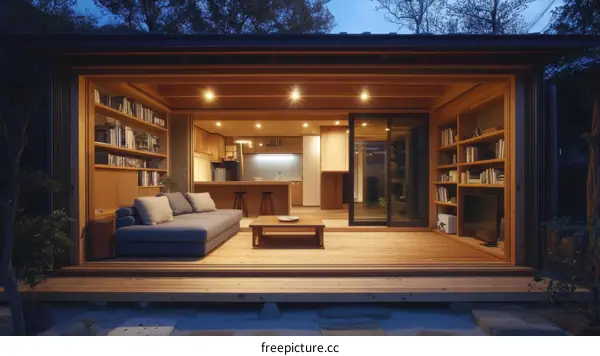 Wooden Japanese House Interior at Night