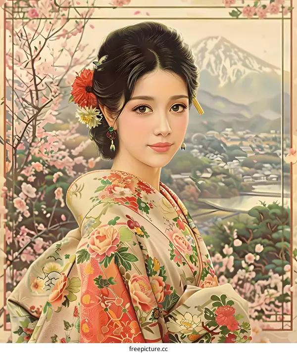 Beautiful Woman in Kimono with Mount Fuji in Background