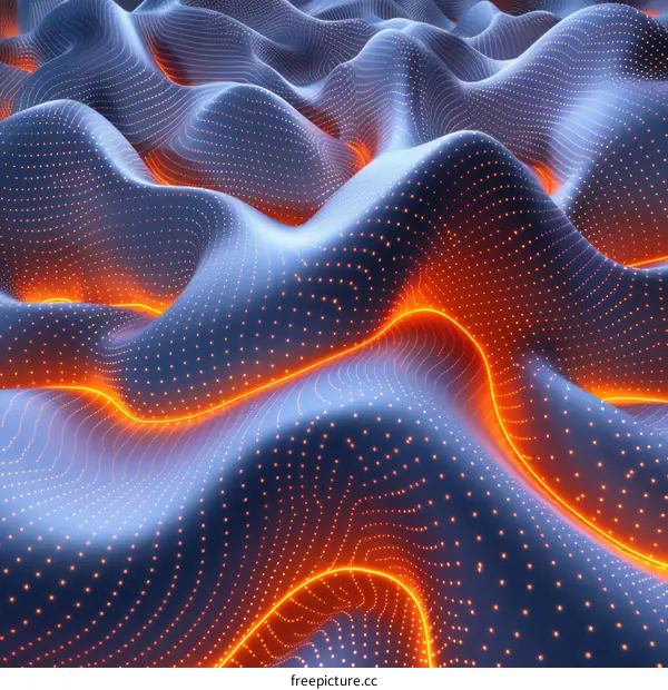 Blue and orange abstract digital landscape with a glowing river running through it